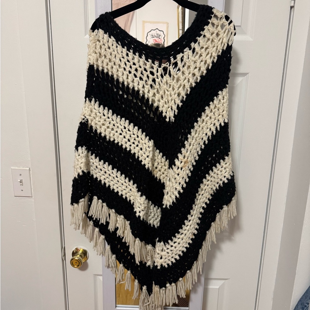 vintage handmade crochet black and white poncho